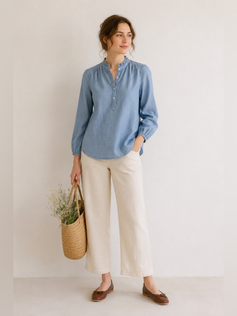 Trovata Sarah Henley Chambray Shirt Pop Over Western Cottage Quiet Luxury Cowboy